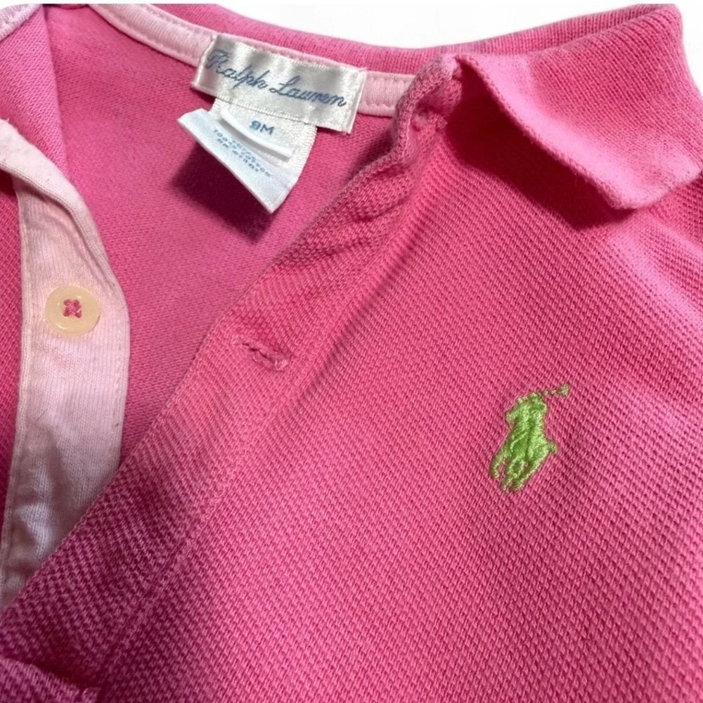 Ralph Lauren Baby Girls Pink Pique Polo Dress Ruffle Hem Green Pony 9M